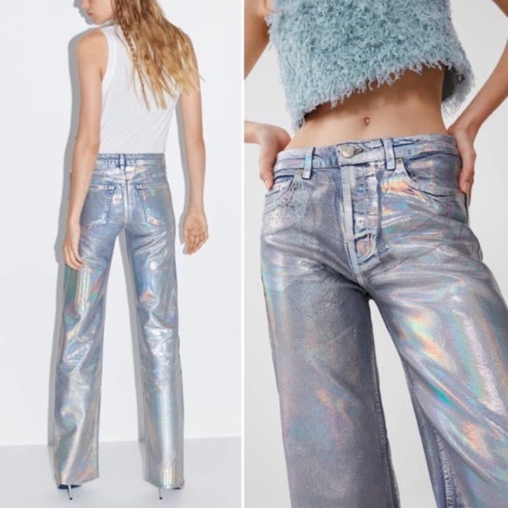 Zara Holographic Iridescent Metallic Silver Wide Leg Relaxed Jeans Sz 4